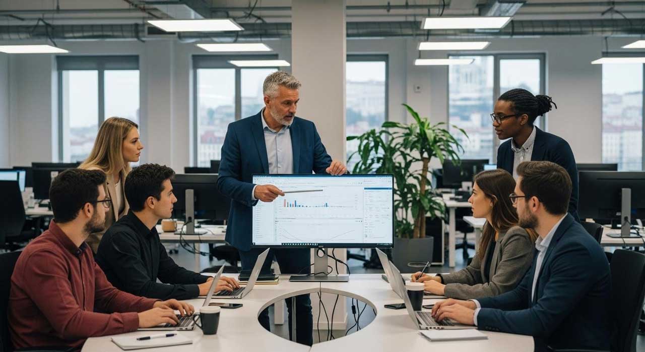 Un expert SEO senior entouré d’une équipe, analysant des graphiques de trafic sur un grand écran d’ordinateur dans un bureau moderne à Lyon, ambiance studieuse et professionnelle.